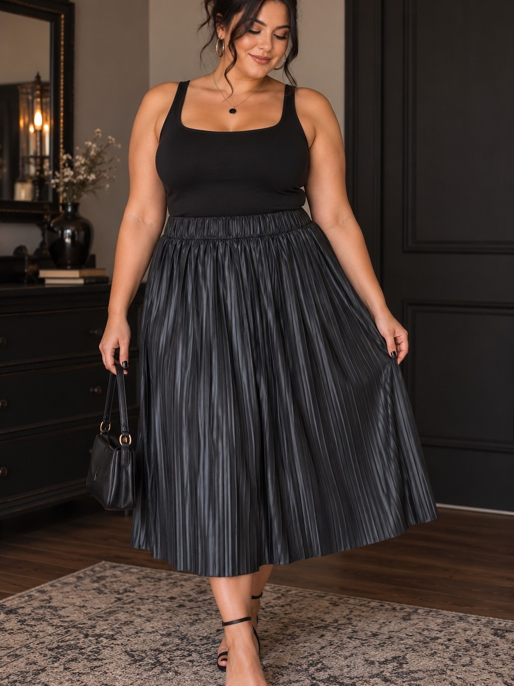 Plus Size Black Pleated Midi Skirt - Sleek A-Line Style